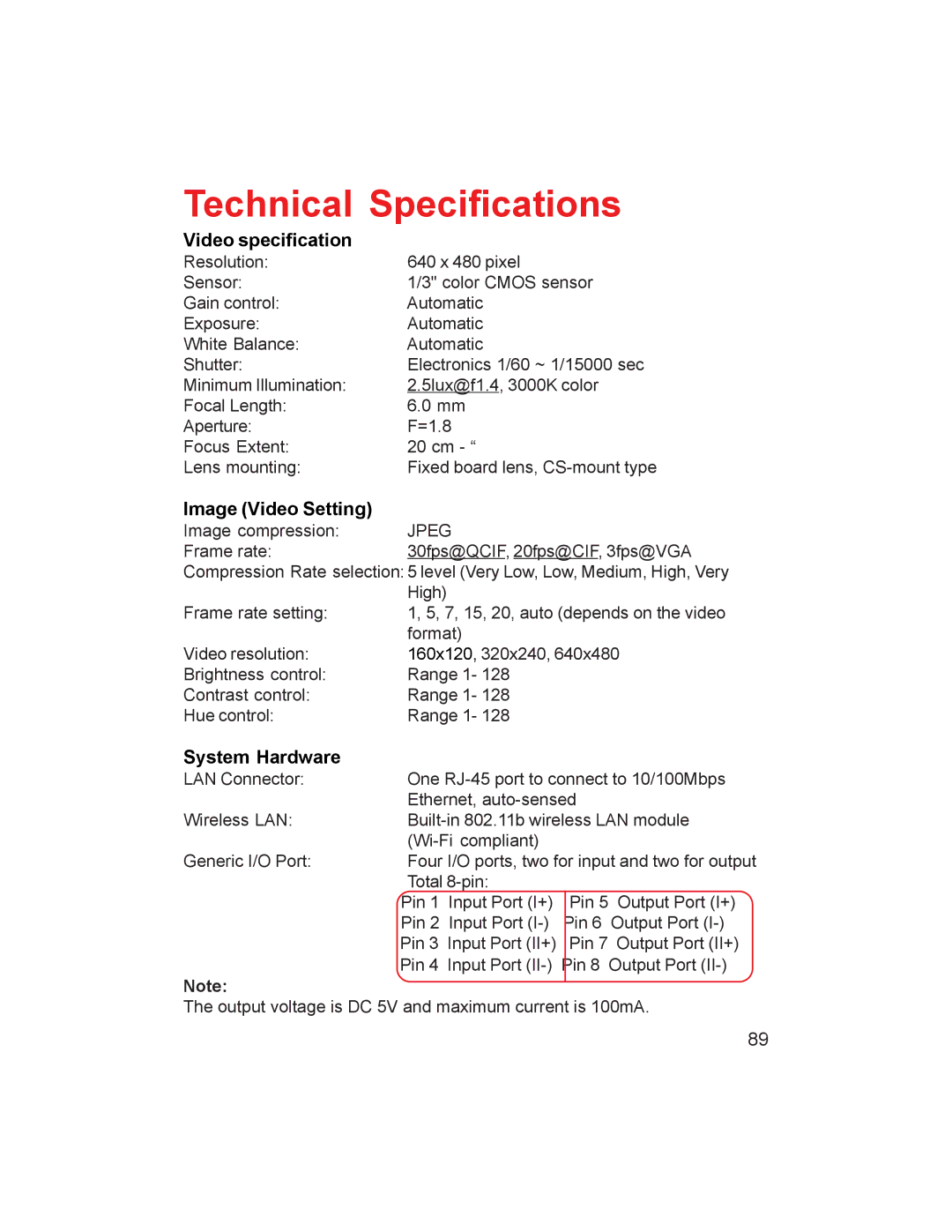 D-Link DCS-1000W manual Technical Specifications, Video specification, Image Video Setting, System Hardware 