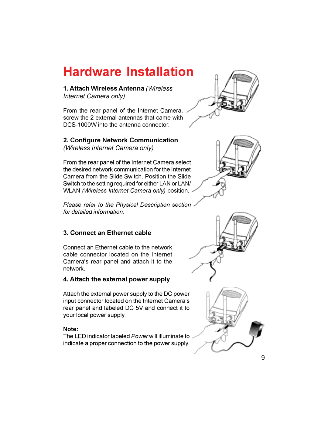 D-Link DCS-1000W Hardware Installation, Attach Wireless Antenna Wireless Internet Camera only, Connect an Ethernet cable 