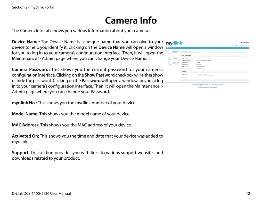 D-Link DCS-1130 manual Camera Info 