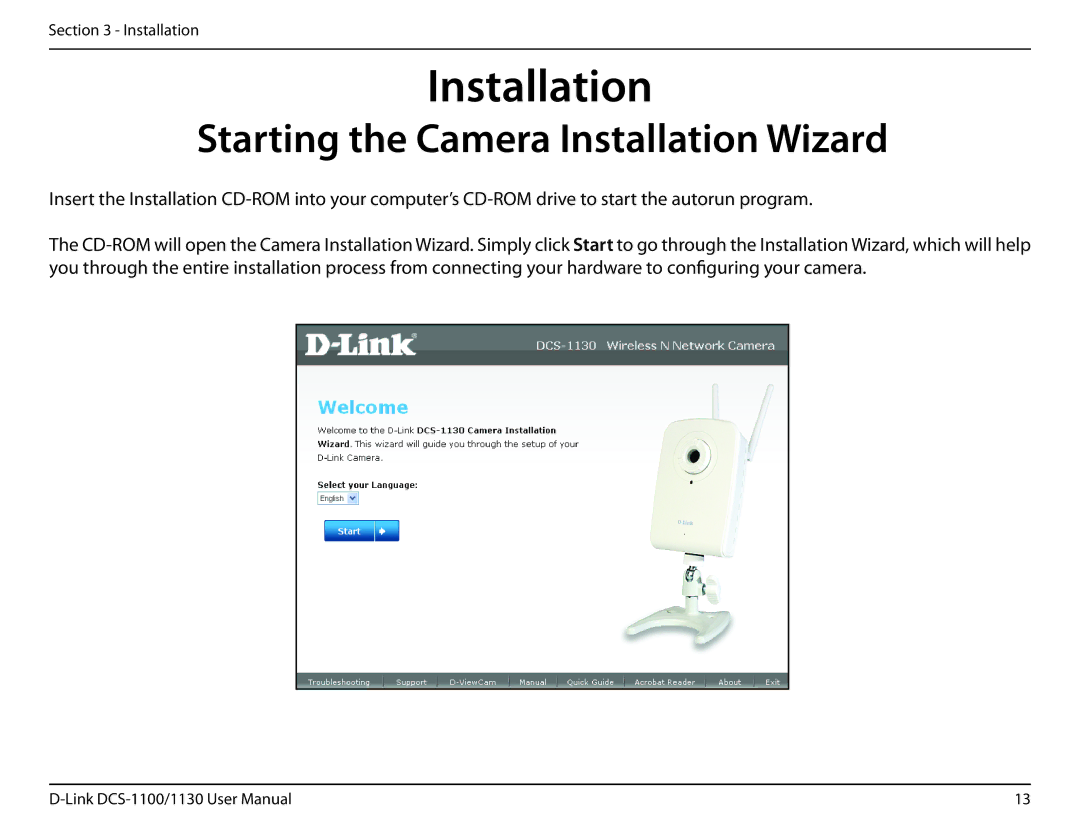 D-Link DCS-1130 manual Starting the Camera Installation Wizard 