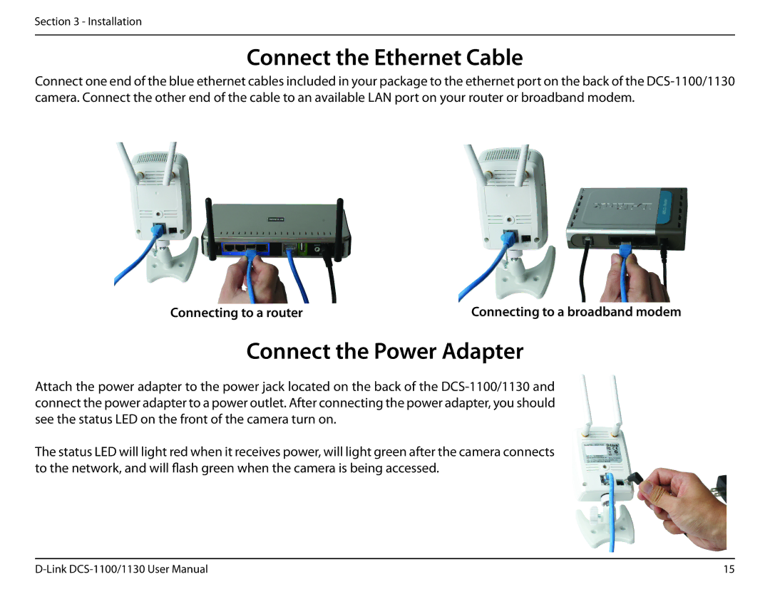 D-Link DCS-1130 manual Connect the Ethernet Cable, Connect the Power Adapter, Connecting to a router 