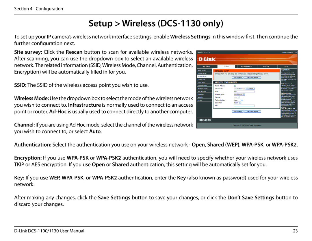 D-Link manual Setup Wireless DCS-1130 only, Ssid The Ssid of the wireless access point you wish to use 