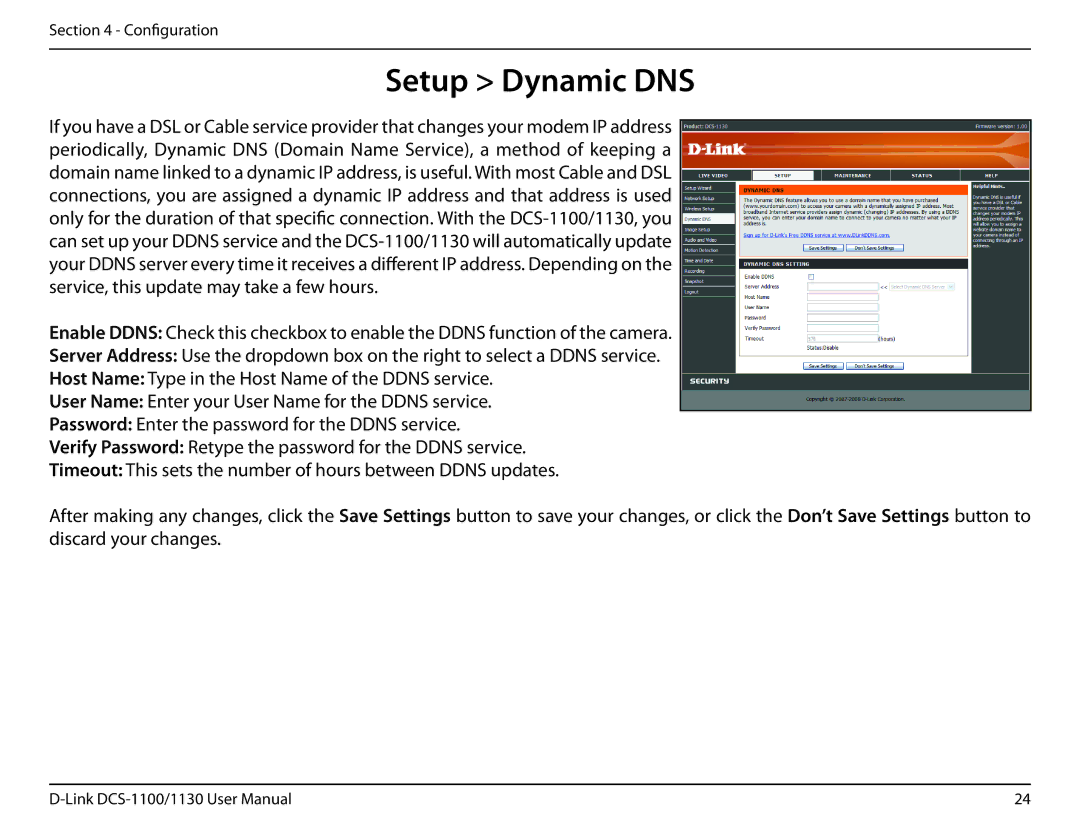 D-Link DCS-1130 manual Setup Dynamic DNS 