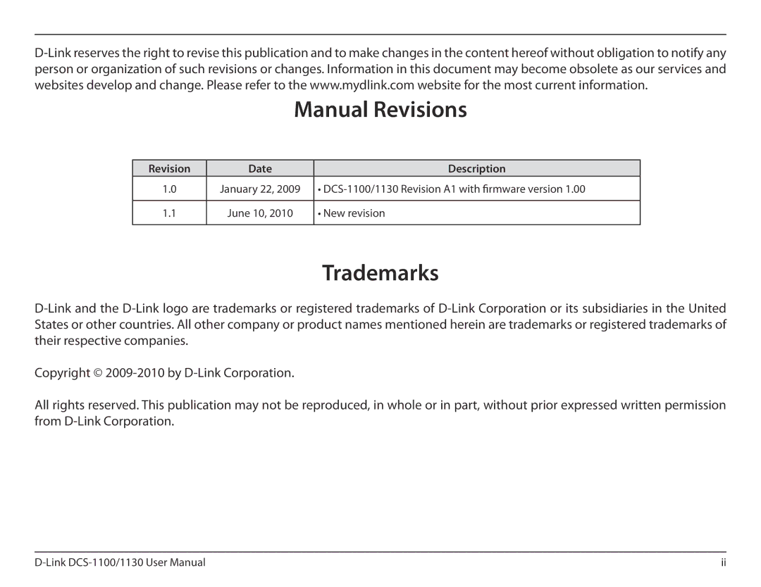 D-Link DCS-1130 manual Manual Revisions, Trademarks, Revision Date 