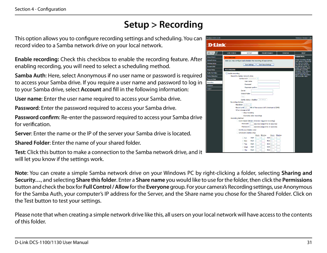 D-Link DCS-1130 manual Setup Recording 