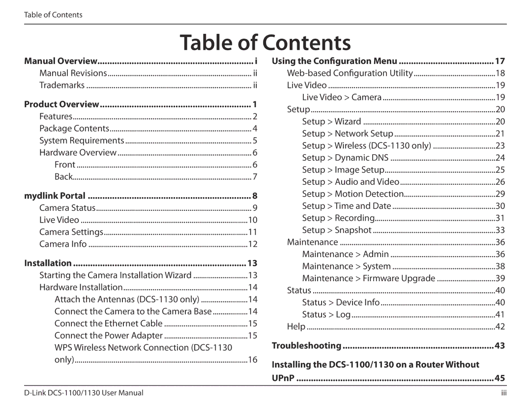 D-Link DCS-1130 manual Table of Contents 