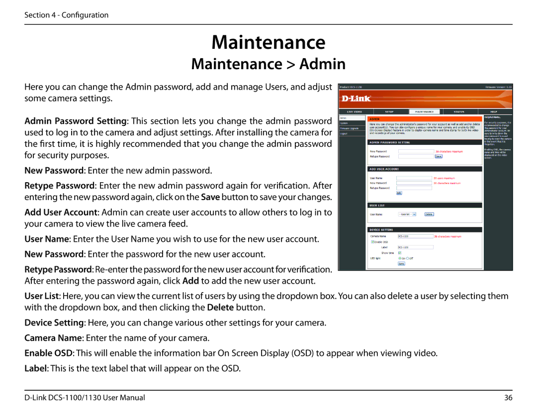 D-Link DCS-1130 manual Maintenance Admin 