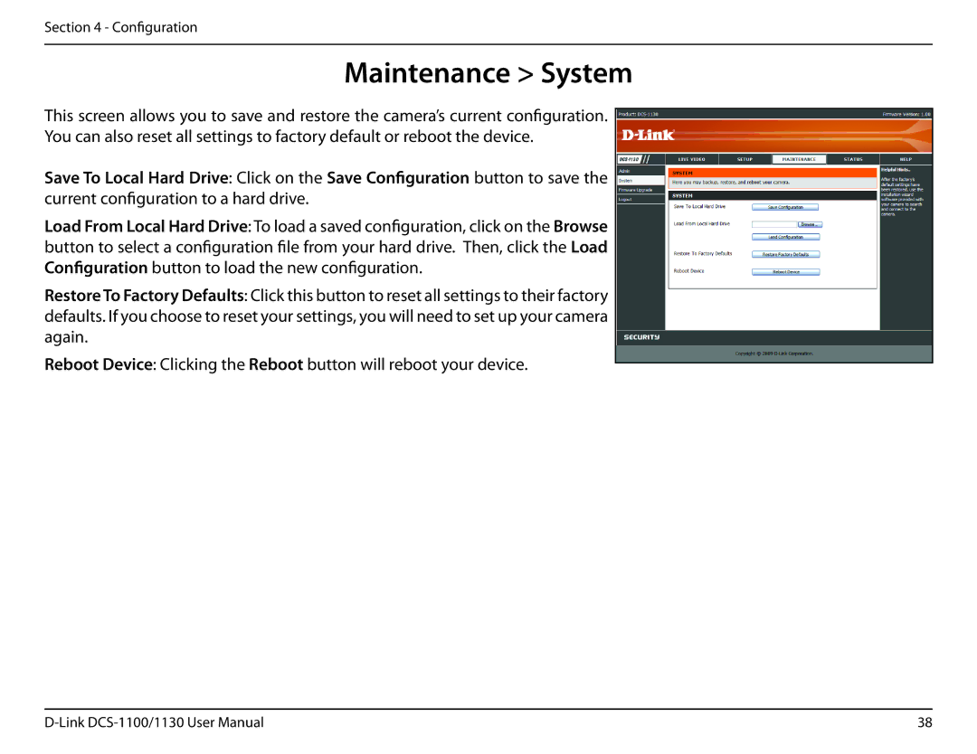 D-Link DCS-1130 manual Maintenance System 