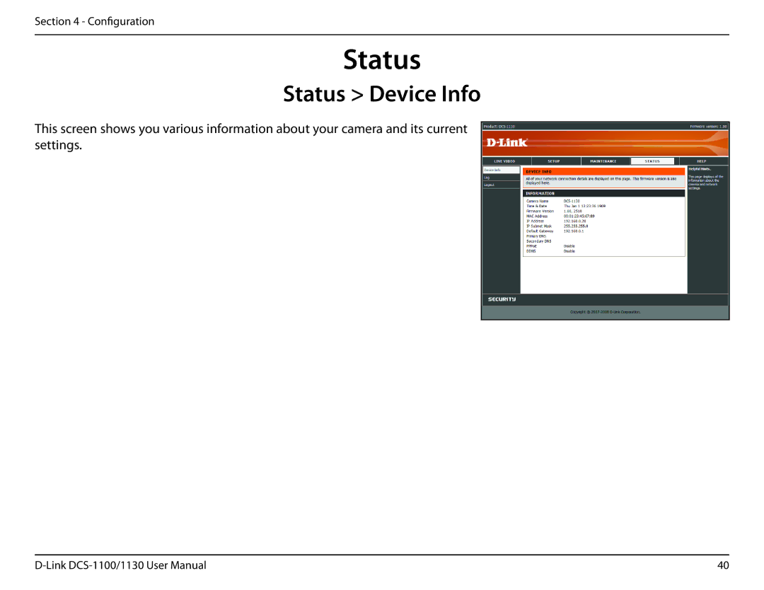 D-Link DCS-1130 manual Status Device Info 