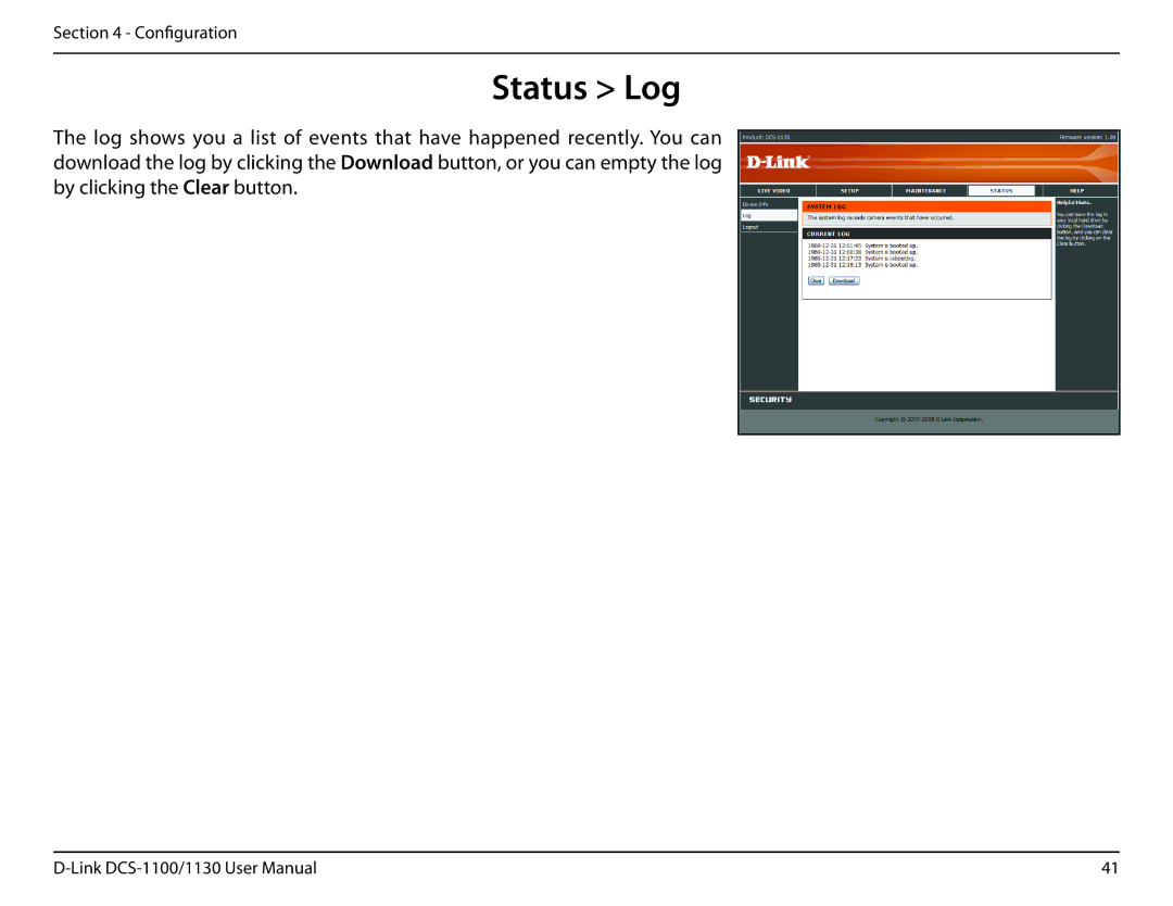 D-Link DCS-1130 manual Status Log 