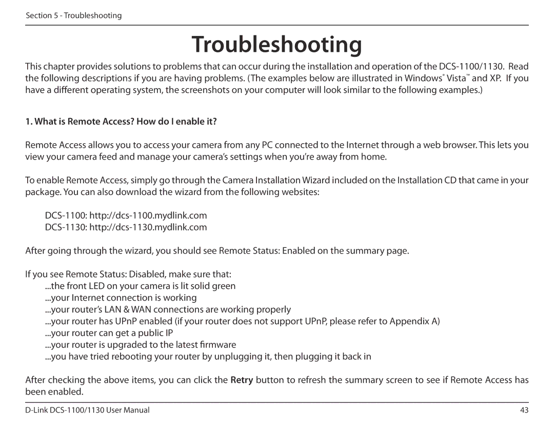 D-Link DCS-1130 manual Troubleshooting, What is Remote Access? How do I enable it? 