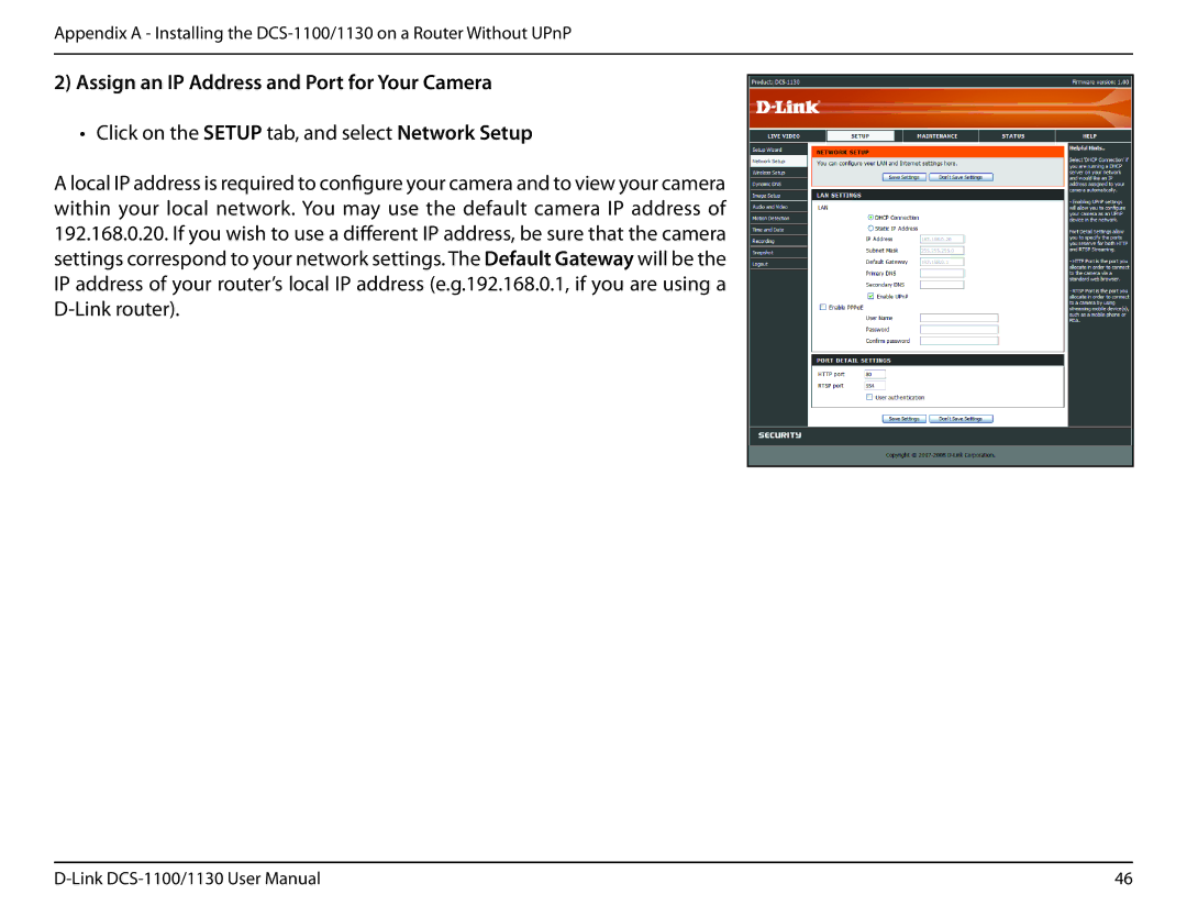 D-Link DCS-1130 manual Assign an IP Address and Port for Your Camera 