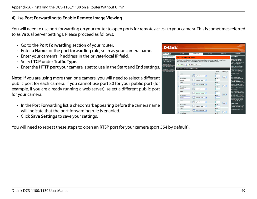 D-Link DCS-1130 manual Use Port Forwarding to Enable Remote Image Viewing, Select TCP under Traffic Type 