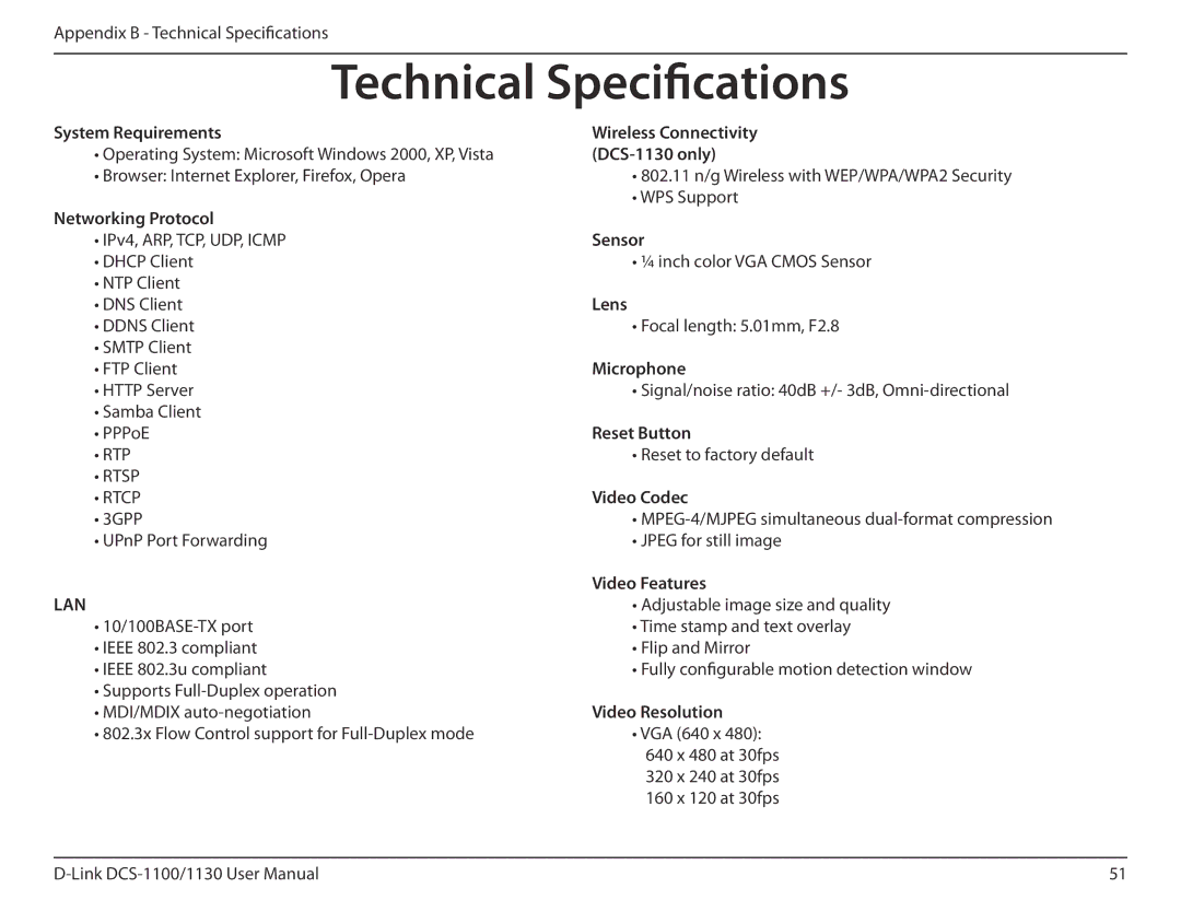 D-Link DCS-1130 manual Technical Specifications 