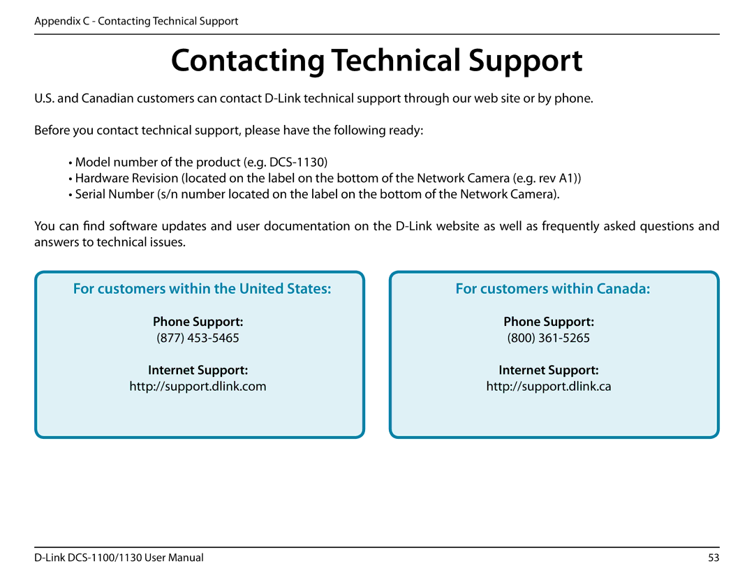 D-Link DCS-1130 manual Contacting Technical Support, For customers within the United States 