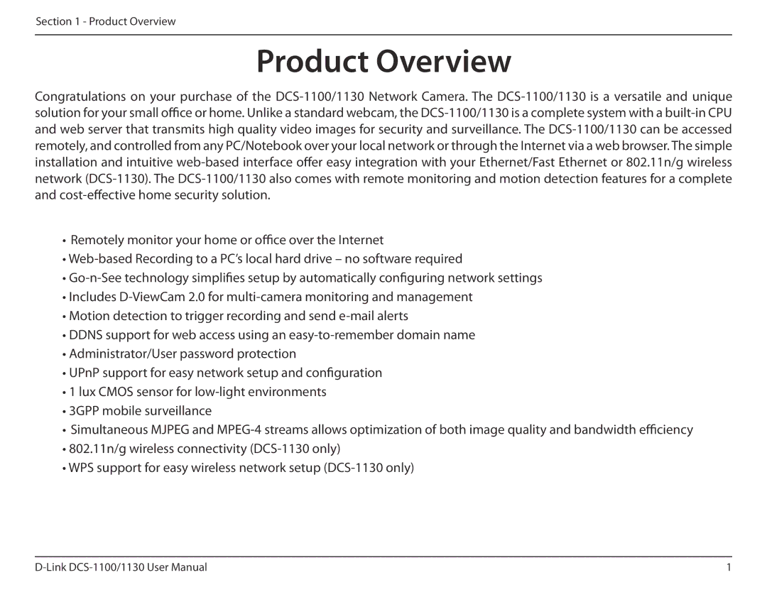 D-Link DCS-1130 manual Product Overview 