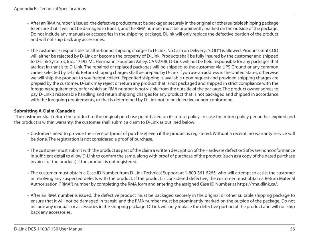 D-Link DCS-1130 manual Submitting a Claim Canada 