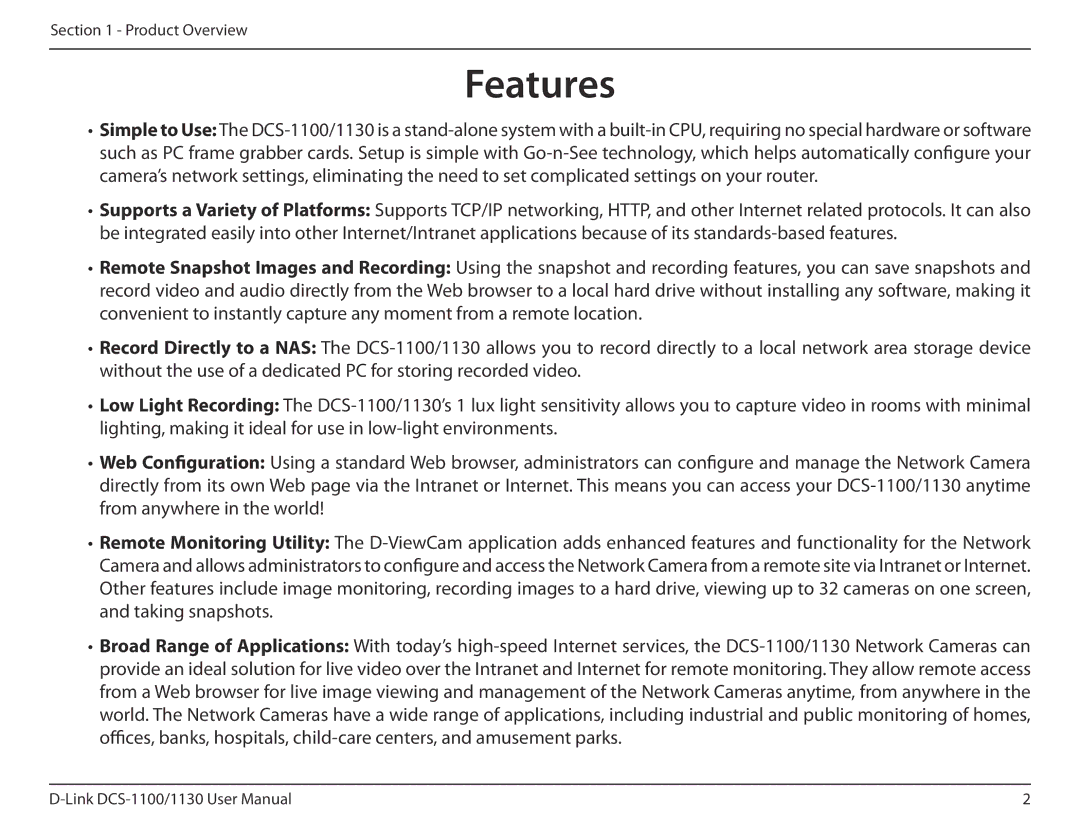 D-Link DCS-1130 manual Features 