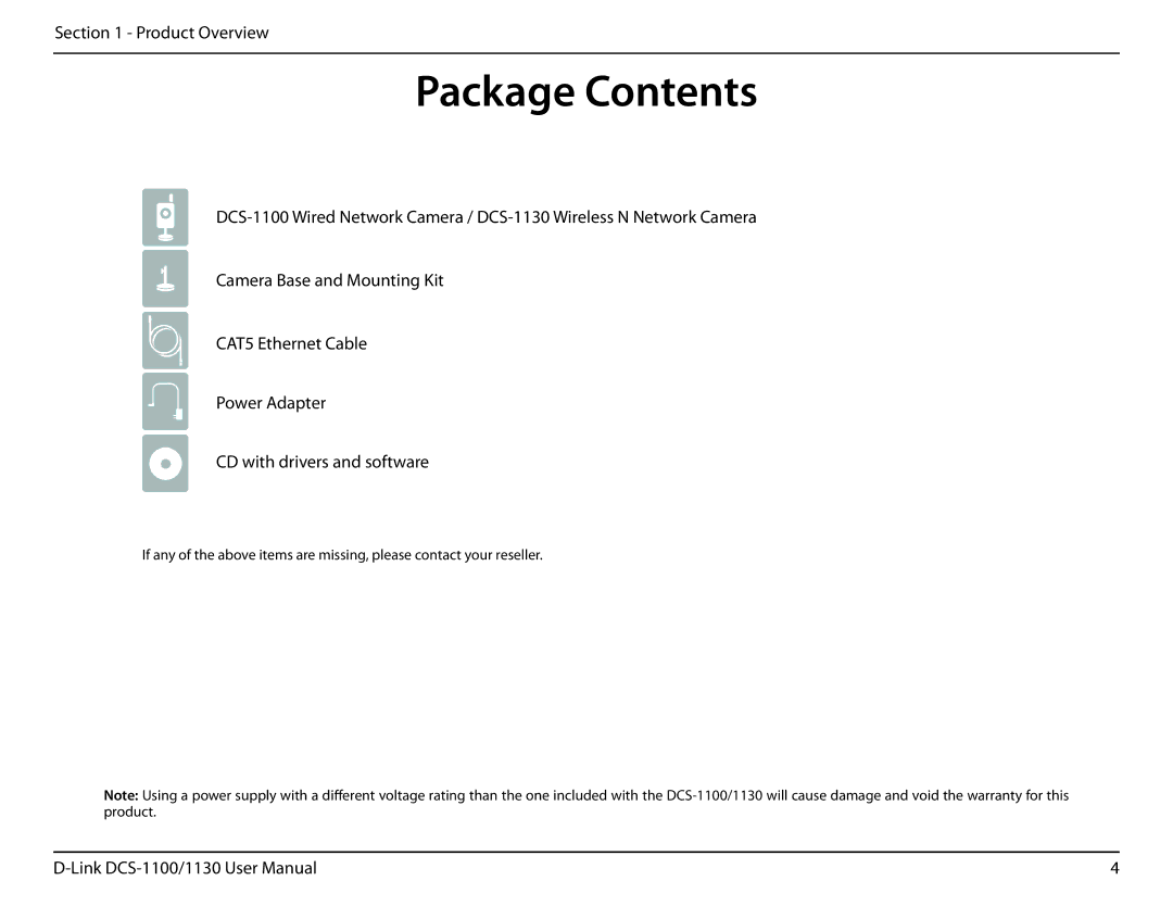 D-Link DCS-1130 manual Package Contents 