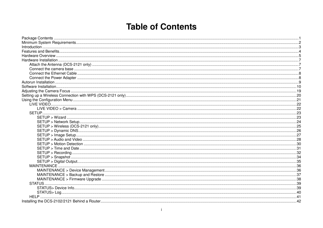 D-Link DCS-2121, DCS-2102 manual Table of Contents 