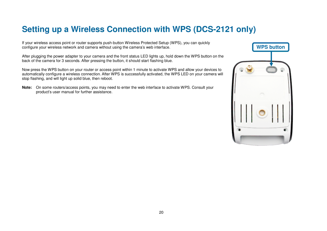 D-Link DCS-2102 manual Setting up a Wireless Connection with WPS DCS-2121 only 