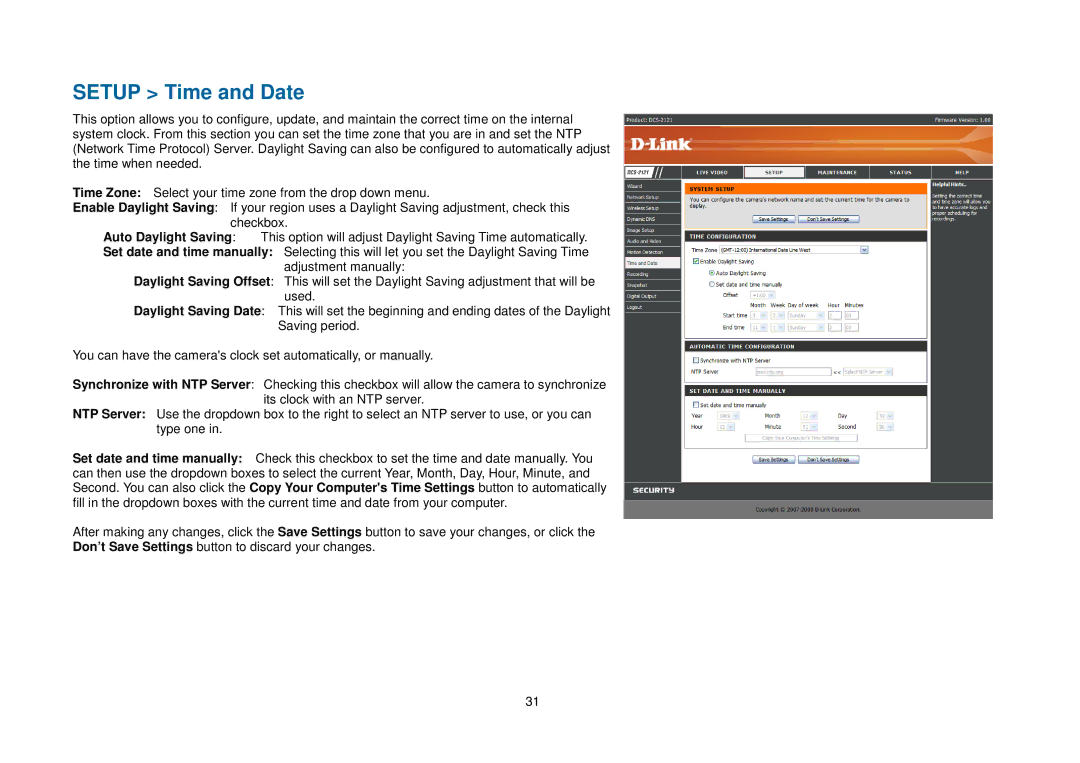 D-Link DCS-2121, DCS-2102 manual Setup Time and Date 