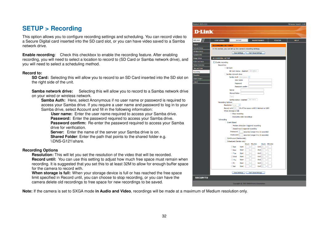 D-Link DCS-2102, DCS-2121 manual Setup Recording, Record to, Recording Options 