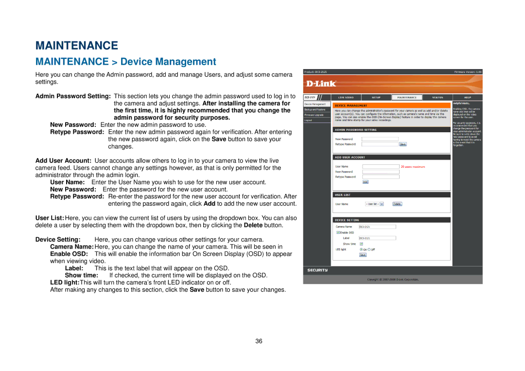 D-Link DCS-2102, DCS-2121 manual Maintenance Device Management 