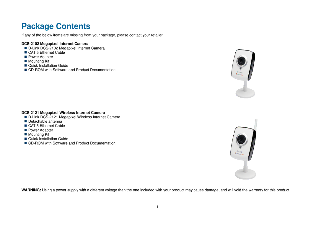 D-Link DCS-2121, DCS-2102 manual Package Contents 