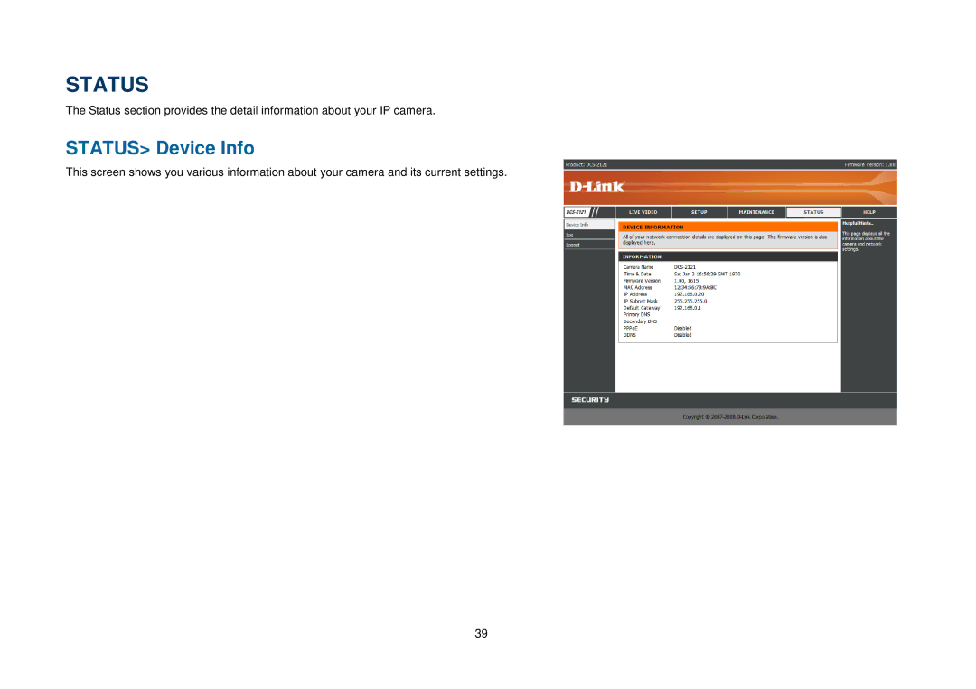 D-Link DCS-2121, DCS-2102 manual Status Device Info 