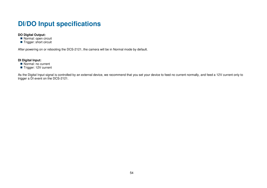 D-Link DCS-2102, DCS-2121 manual DI/DO Input specifications, Do Digital Output, DI Digital Input 
