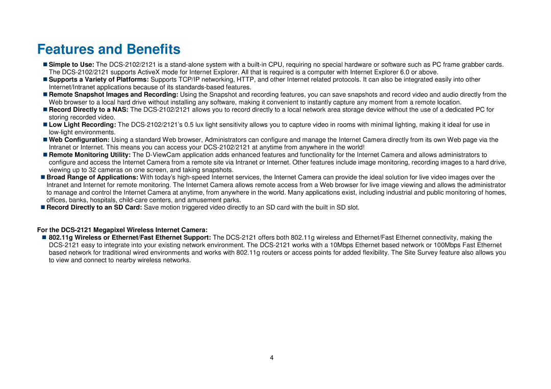 D-Link DCS-2102 manual Features and Benefits, For the DCS-2121 Megapixel Wireless Internet Camera 