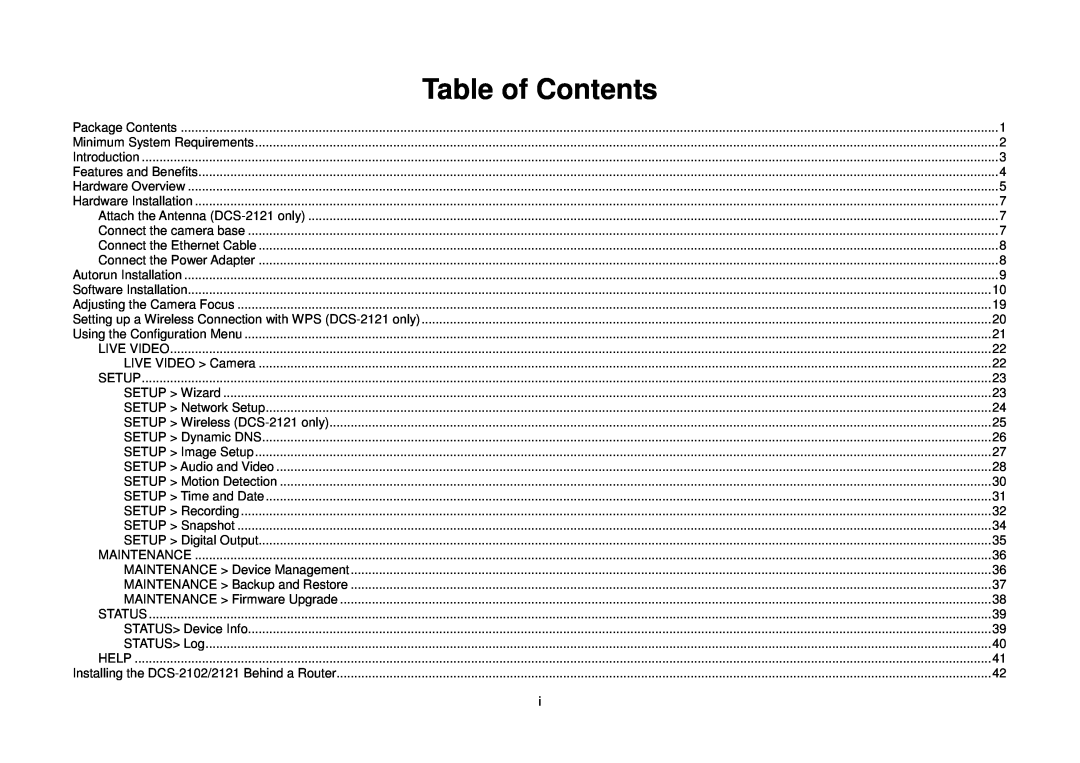 D-Link DCS-2121, DCS-2102 manual Table of Contents 