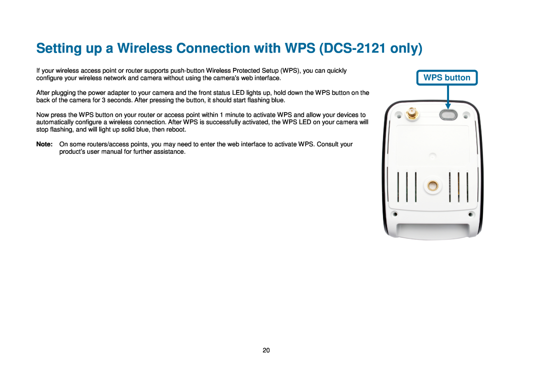 D-Link DCS-2102 manual Setting up a Wireless Connection with WPS DCS-2121 only, WPS button 