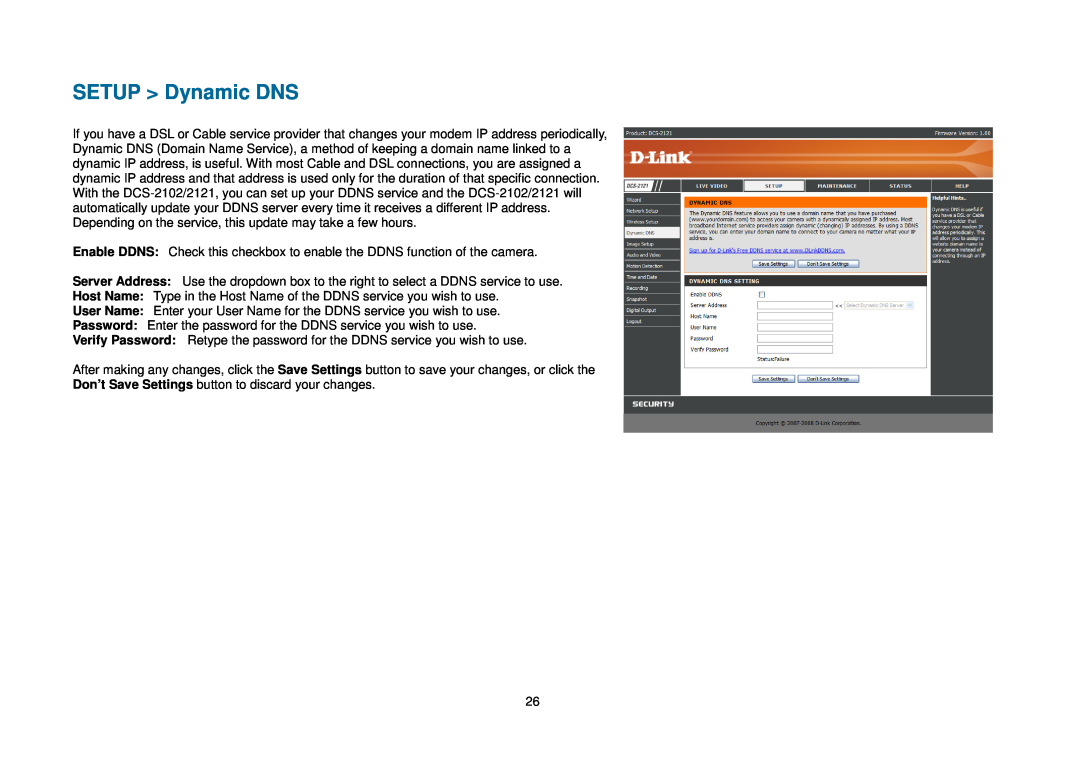 D-Link DCS-2102, DCS-2121 manual SETUP Dynamic DNS 