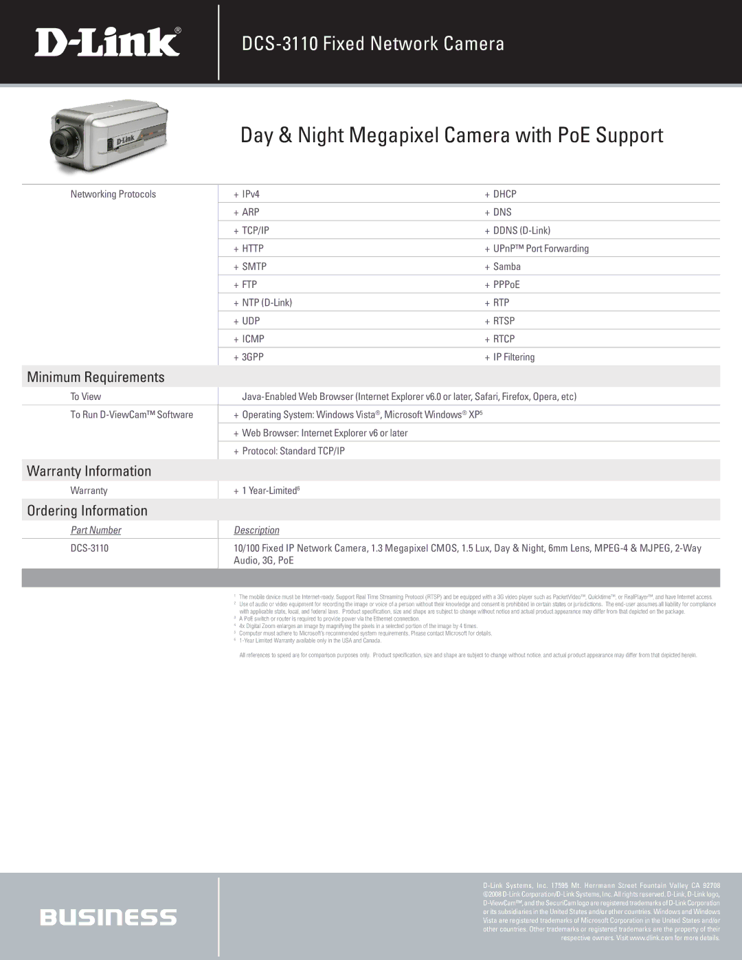 D-Link DCS-3110 manual Minimum Requirements, Warranty Information, Ordering Information 