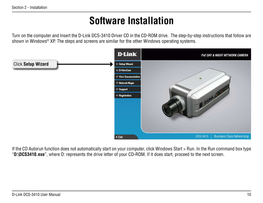 D-Link DCS-3410 manual Software Installation, Click Setup Wizard 