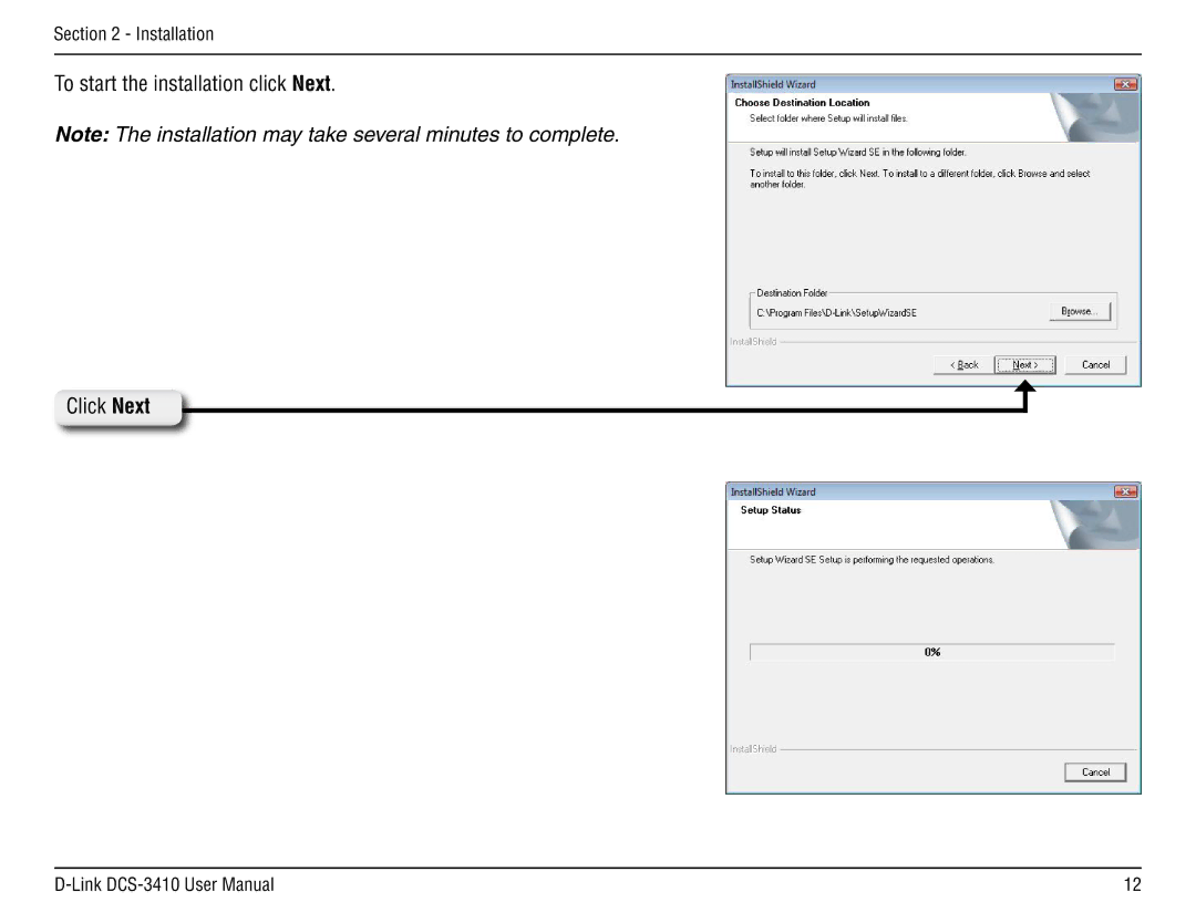 D-Link DCS-3410 manual To start the installation click Next Click Next 
