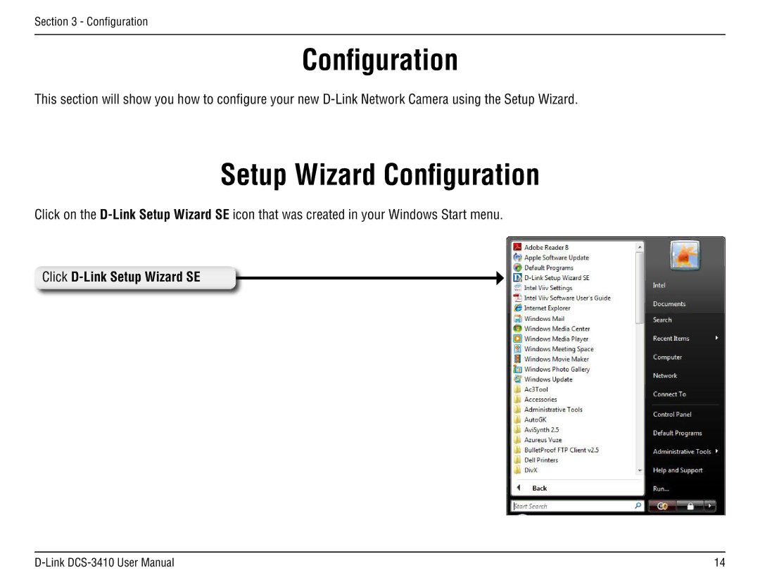 D-Link DCS-3410 manual Setup Wizard Configuration, Click D-Link Setup Wizard SE 