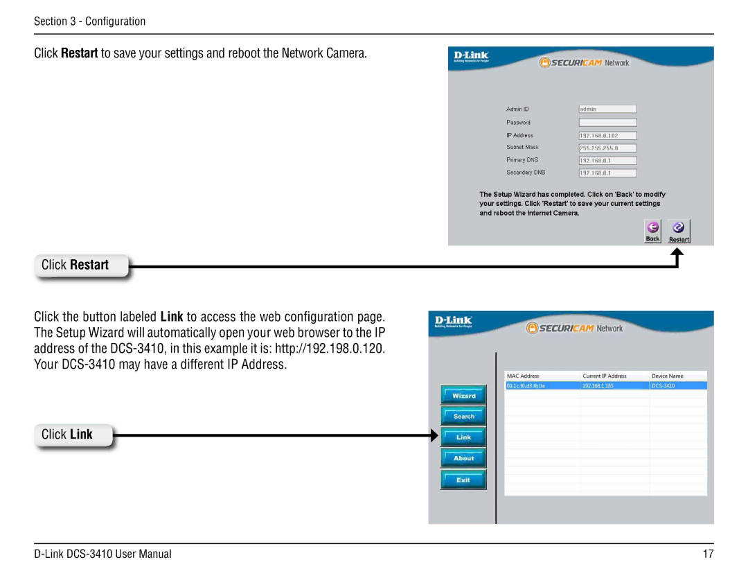 D-Link DCS-3410 manual Click Restart 