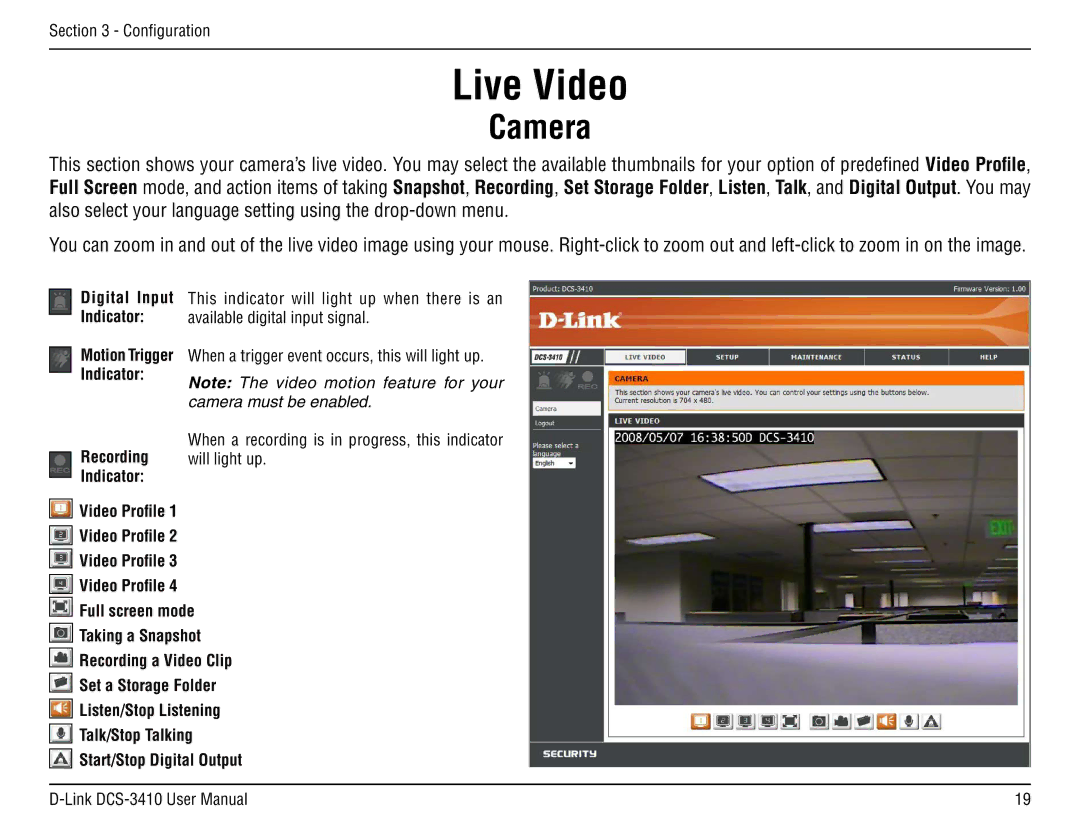 D-Link DCS-3410 manual Live Video, Camera 