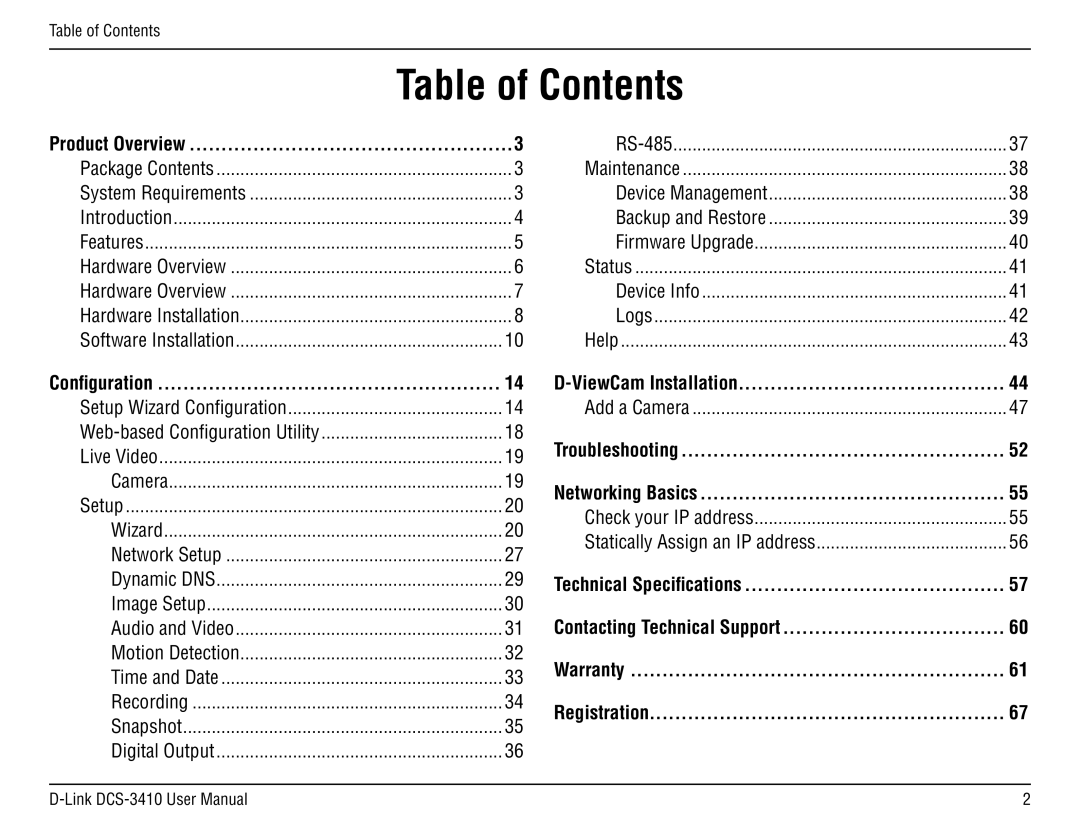 D-Link DCS-3410 manual Table of Contents 