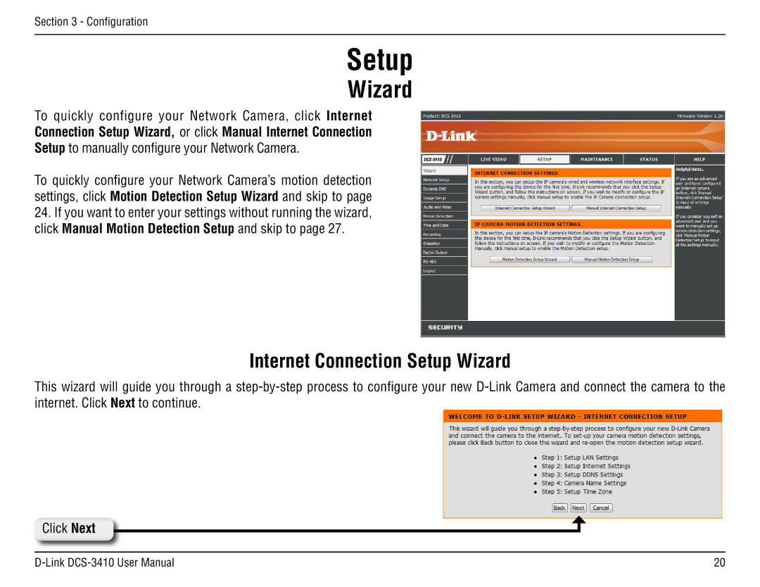 D-Link DCS-3410 manual Setup, Wizard 