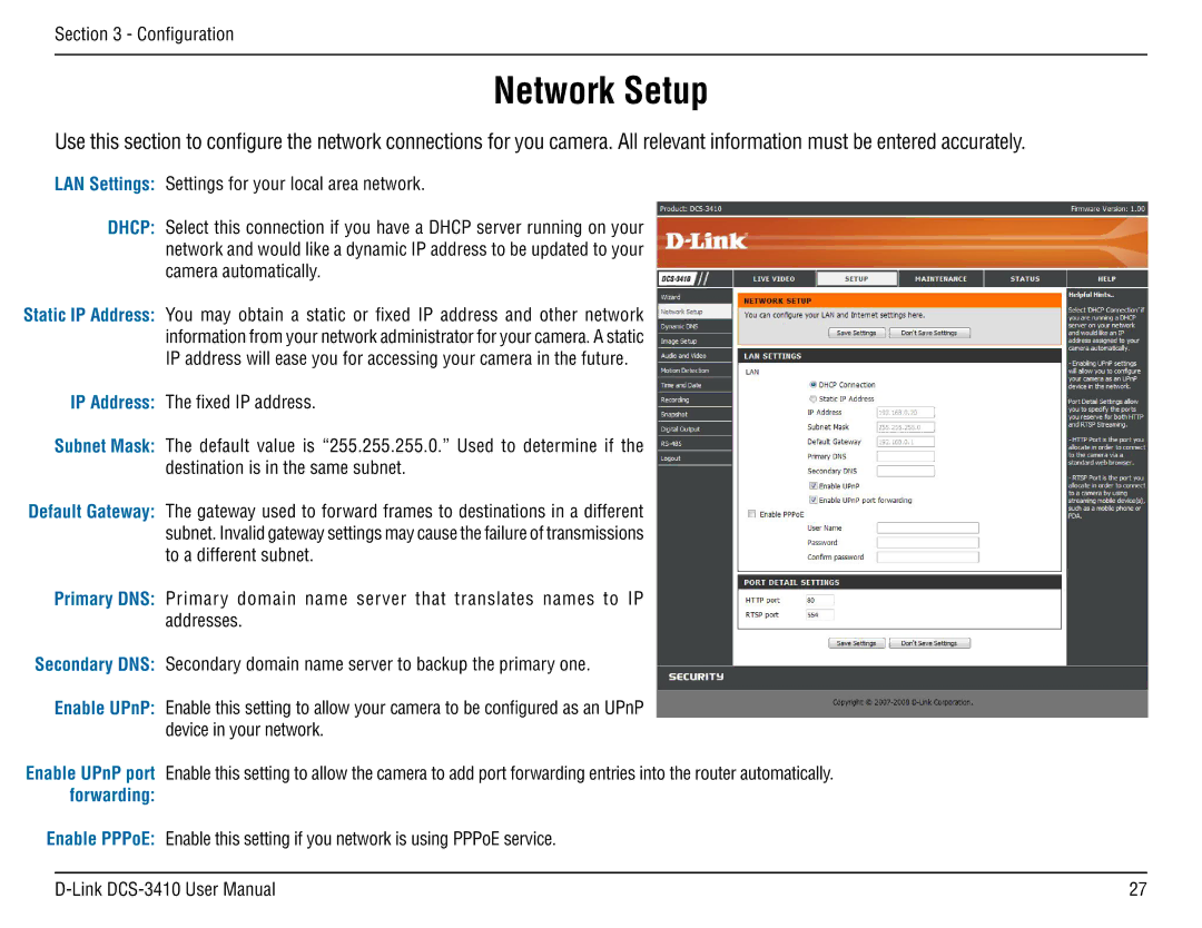 D-Link DCS-3410 manual Network Setup 