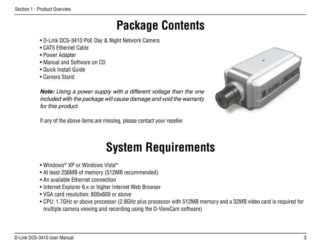 D-Link DCS-3410 manual Package Contents, System Requirements 