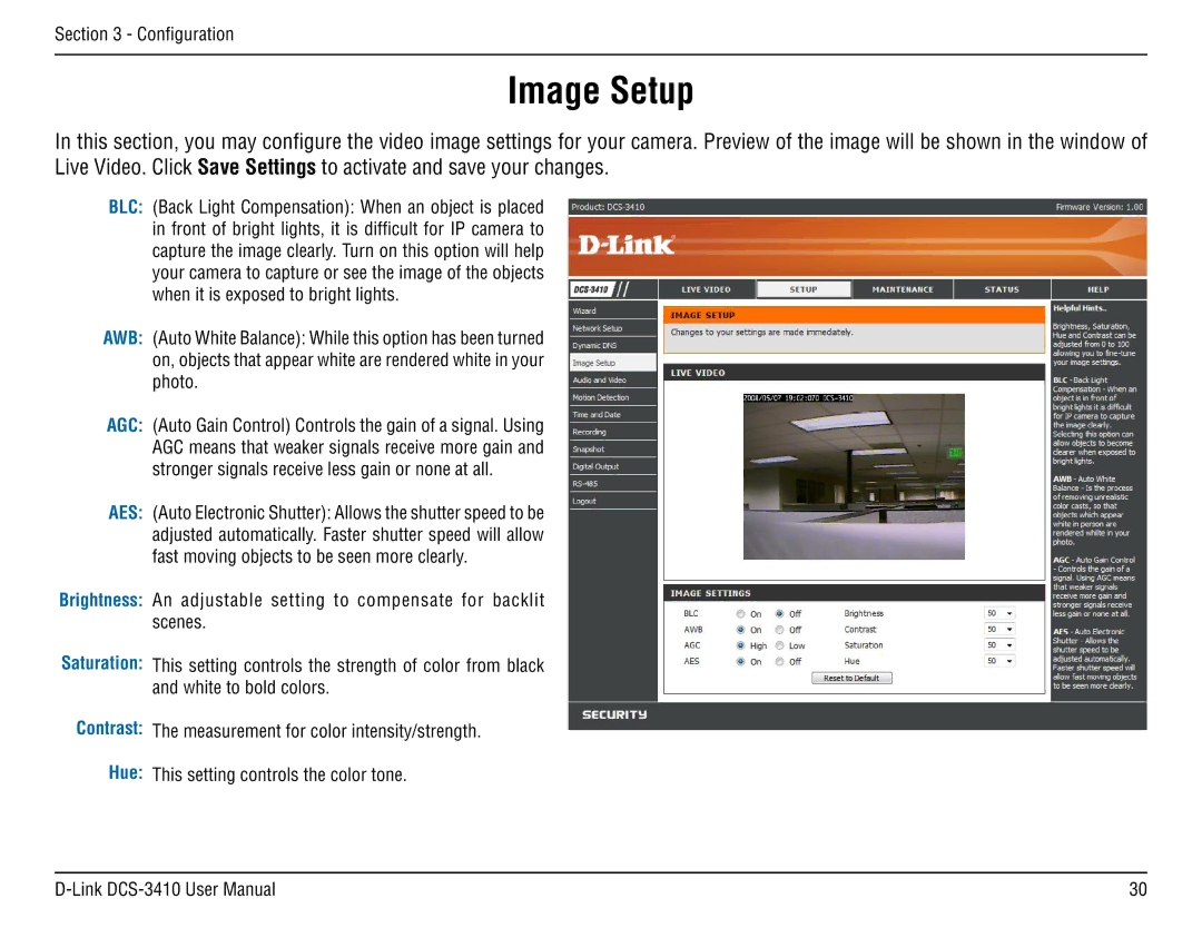 D-Link DCS-3410 manual Image Setup 