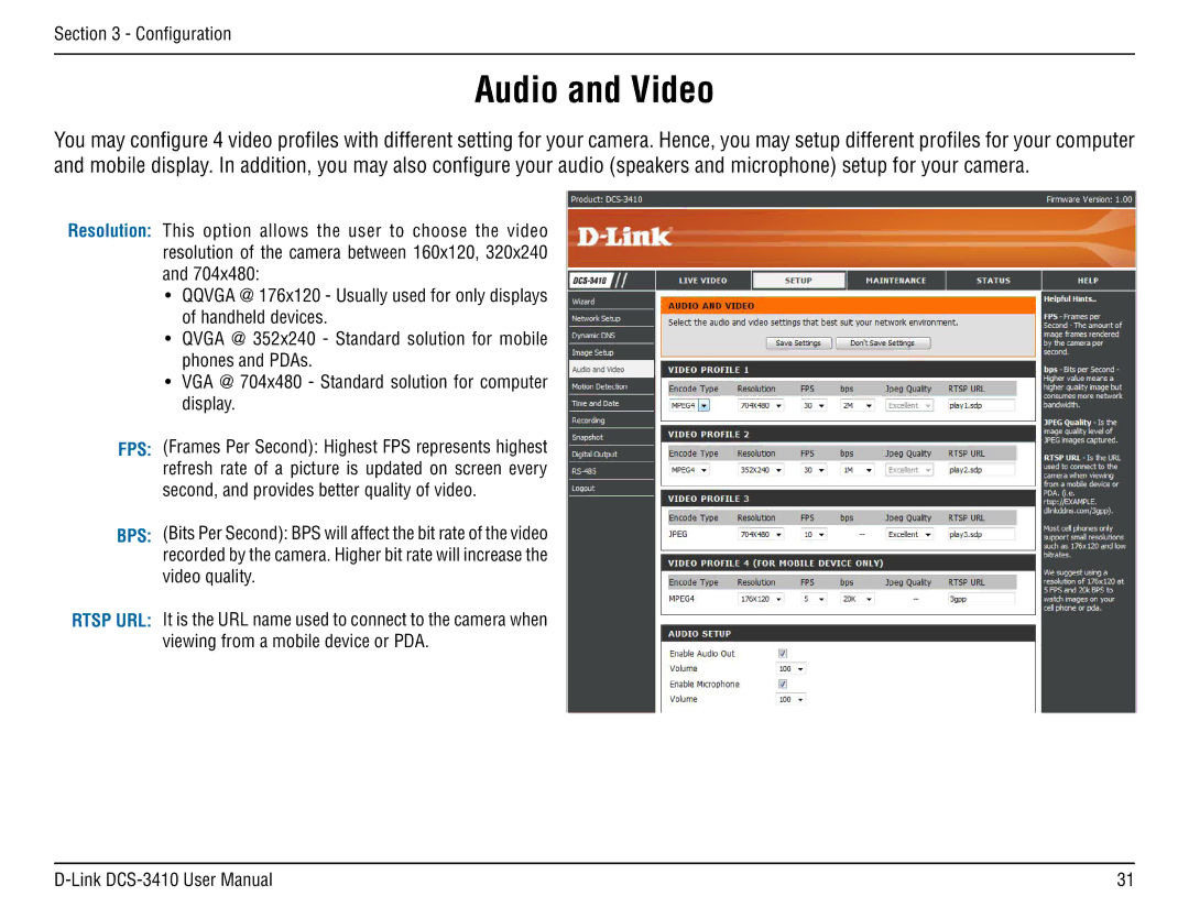 D-Link DCS-3410 manual Audio and Video, Fps Bps 