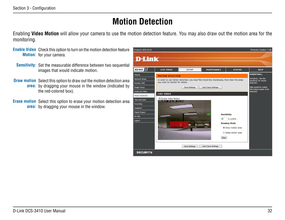 D-Link DCS-3410 manual Motion Detection, Red-colored box 