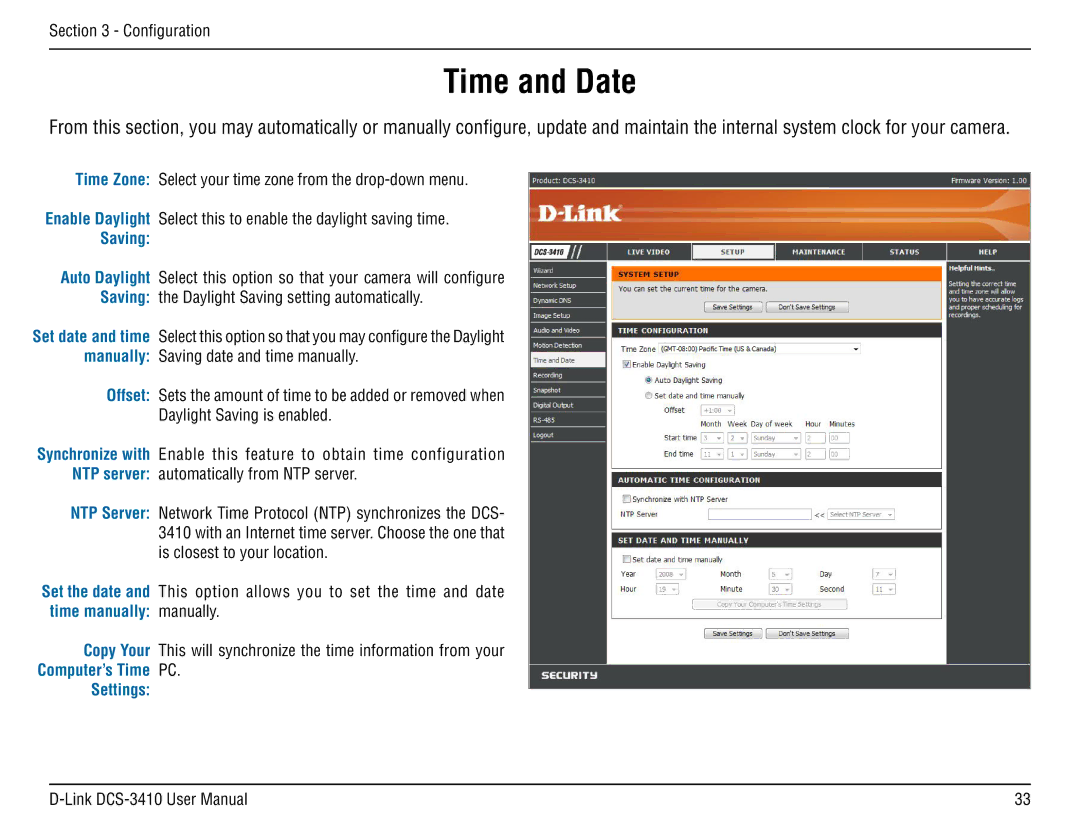 D-Link DCS-3410 manual Time and Date, Saving 