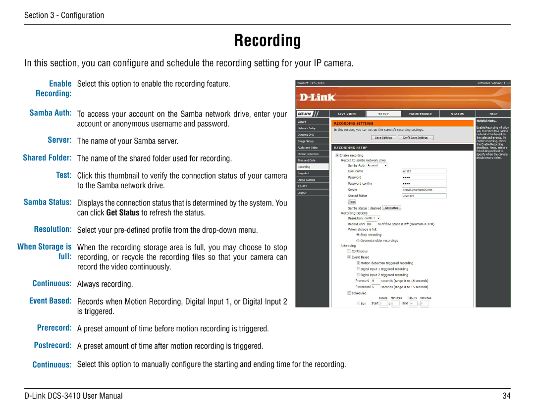 D-Link DCS-3410 manual Recording, Test 